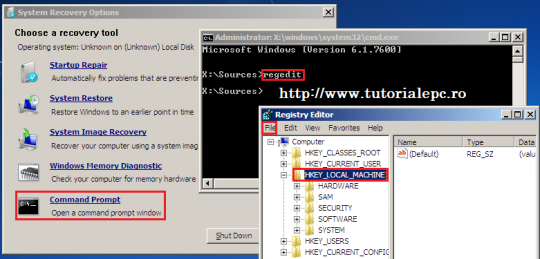 Deschidere registri in modul de reparare windows 7