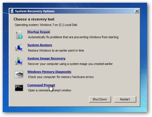 Pornire comand prompt la reparare windows 7
